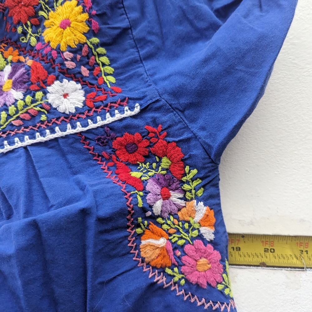 Vintage Puebla Maxi Dress Small 70s Blue Colorful Flower Basket Cotton - Picture 2 of 10